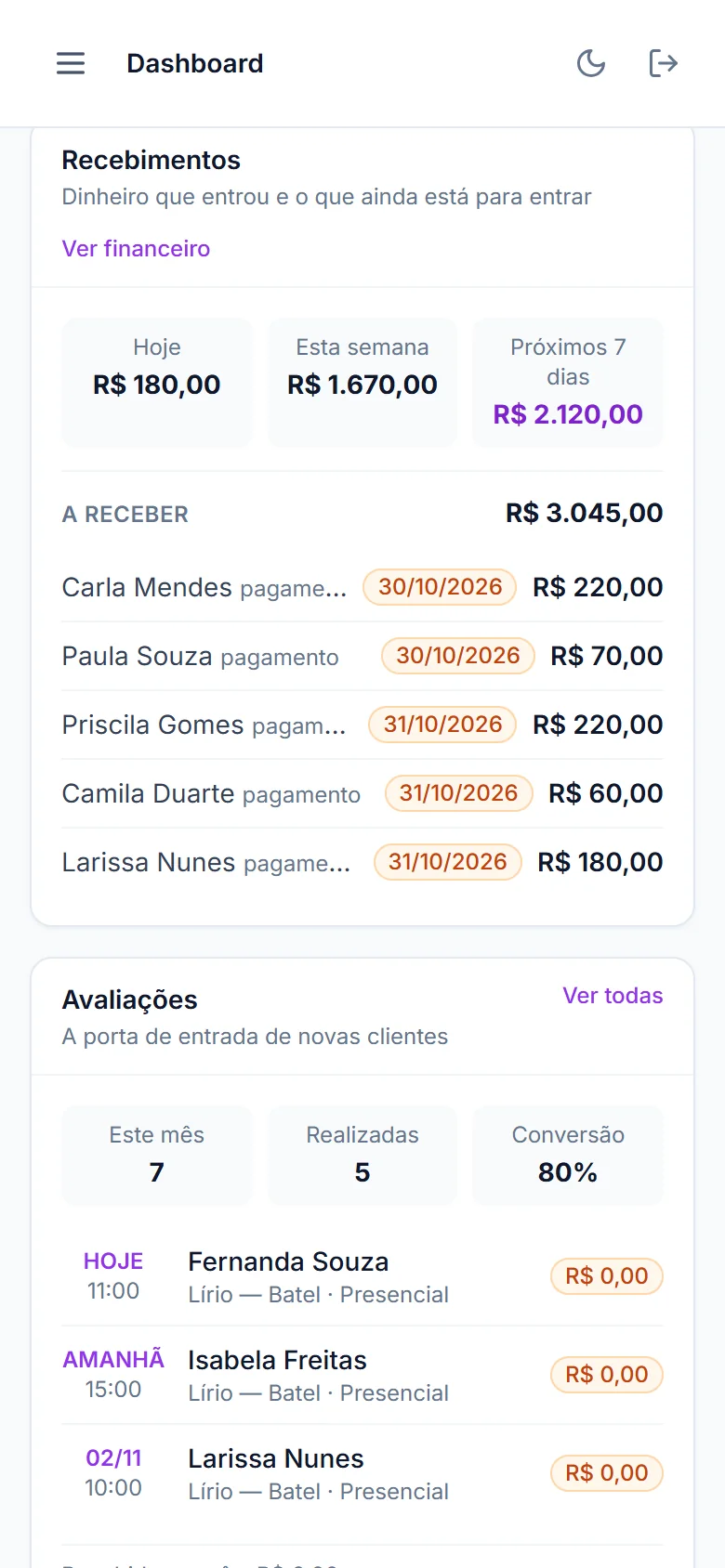 Recebimentos: o que entrou hoje e na semana, e a lista do que está a receber com o vencimento de cada pagamento